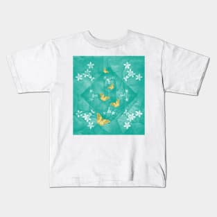 Gold butterflies and silver flowers on a textured teal mandala Kids T-Shirt